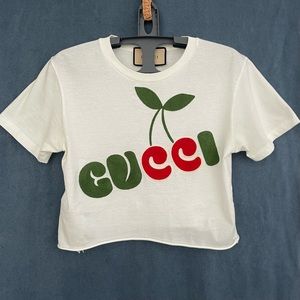 GUCCI - White Cherry Cropped Logo T-Shirt - XXS